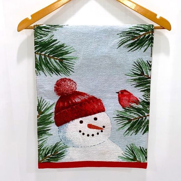 Holiday Tapestry Table Runner Snowman With Cardinal Sitting On Pine Tree Branch - Picture 2 of 6
